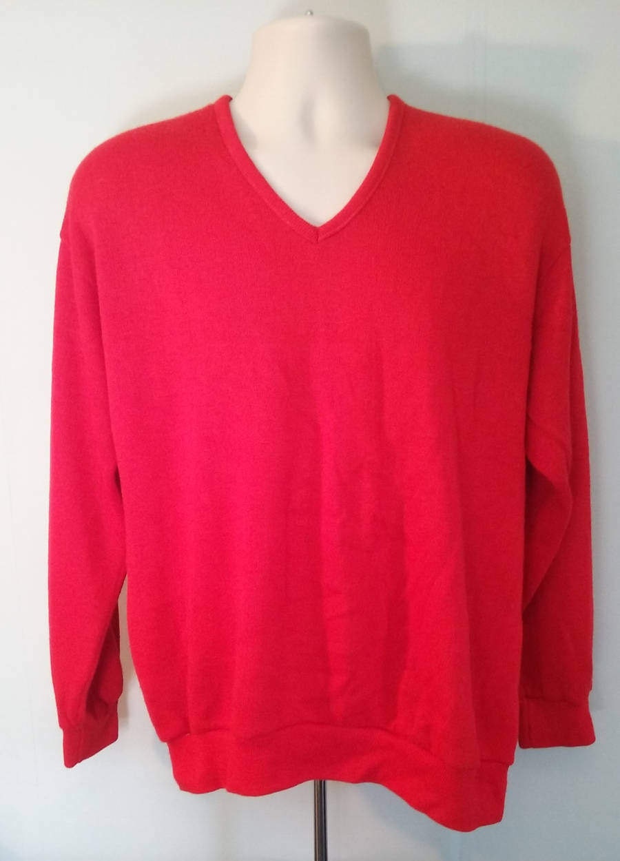 Vintage 60s CRESLAN and RAYON Red XL V-neck Sweater