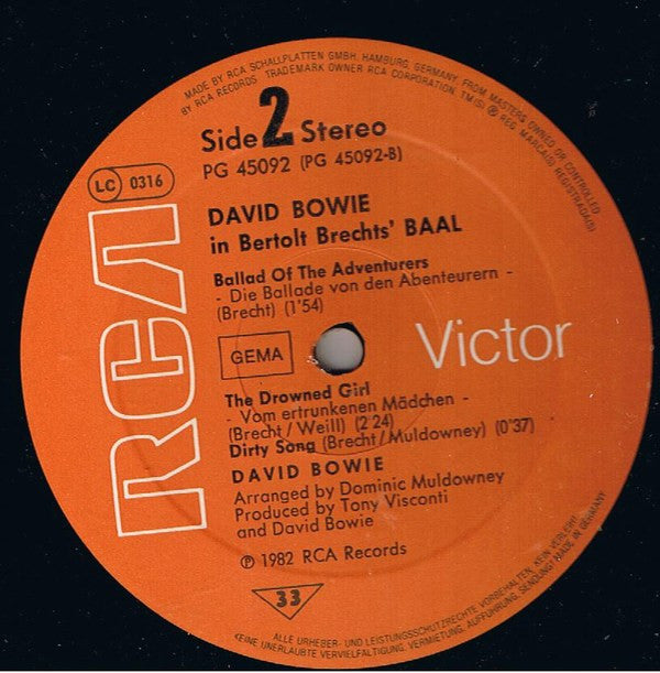 David Bowie : David Bowie In Bertolt Brecht's Baal (12", Gat)