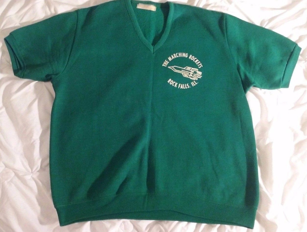 Vintage 60s Green Creslan Sweatshirt // The Marching Rockets // Rock Falls High School Illinois // Short Sleeves // Made in USA // RN 14179