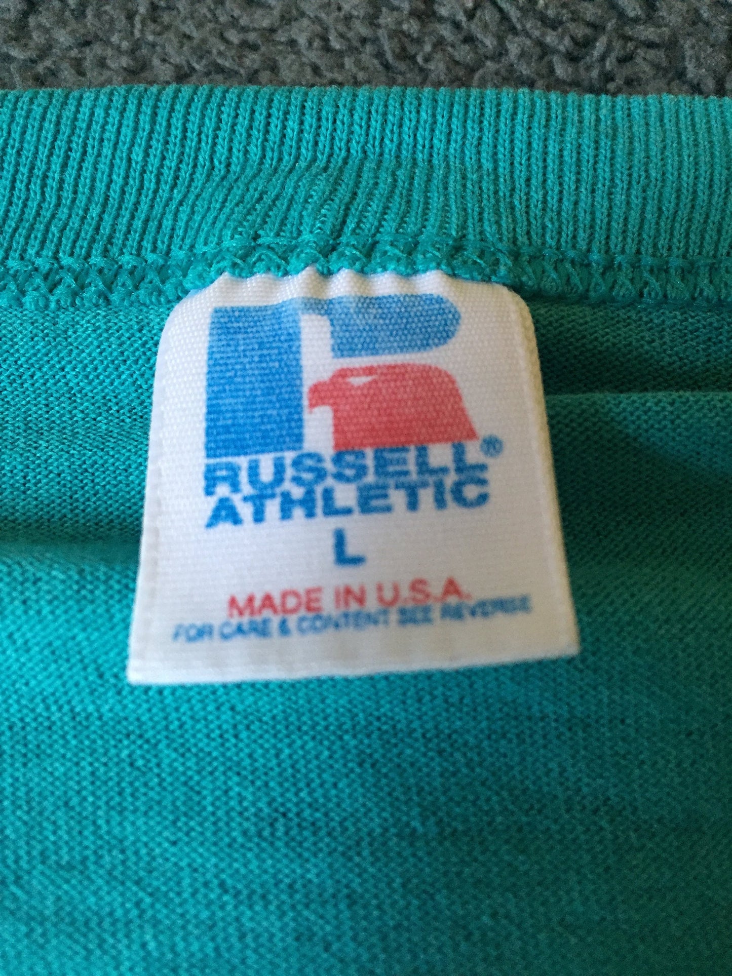 Vintage 80s "Marlins" Russell Athletic Large T-shirt // Single Stitch // 50/50 // Made in USA // Teal Turquiose