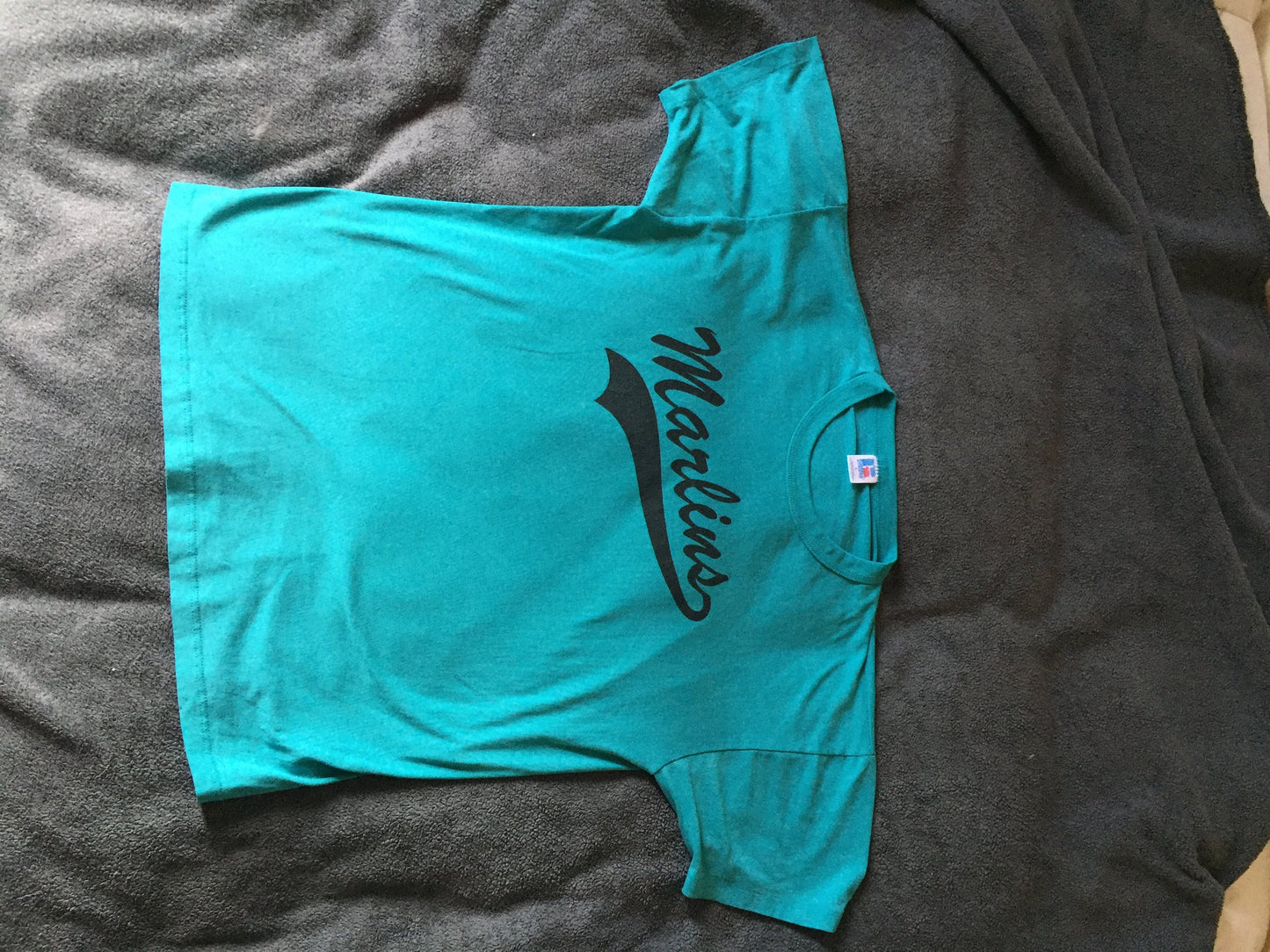 Vintage 80s "Marlins" Russell Athletic Large T-shirt // Single Stitch // 50/50 // Made in USA // Teal Turquiose