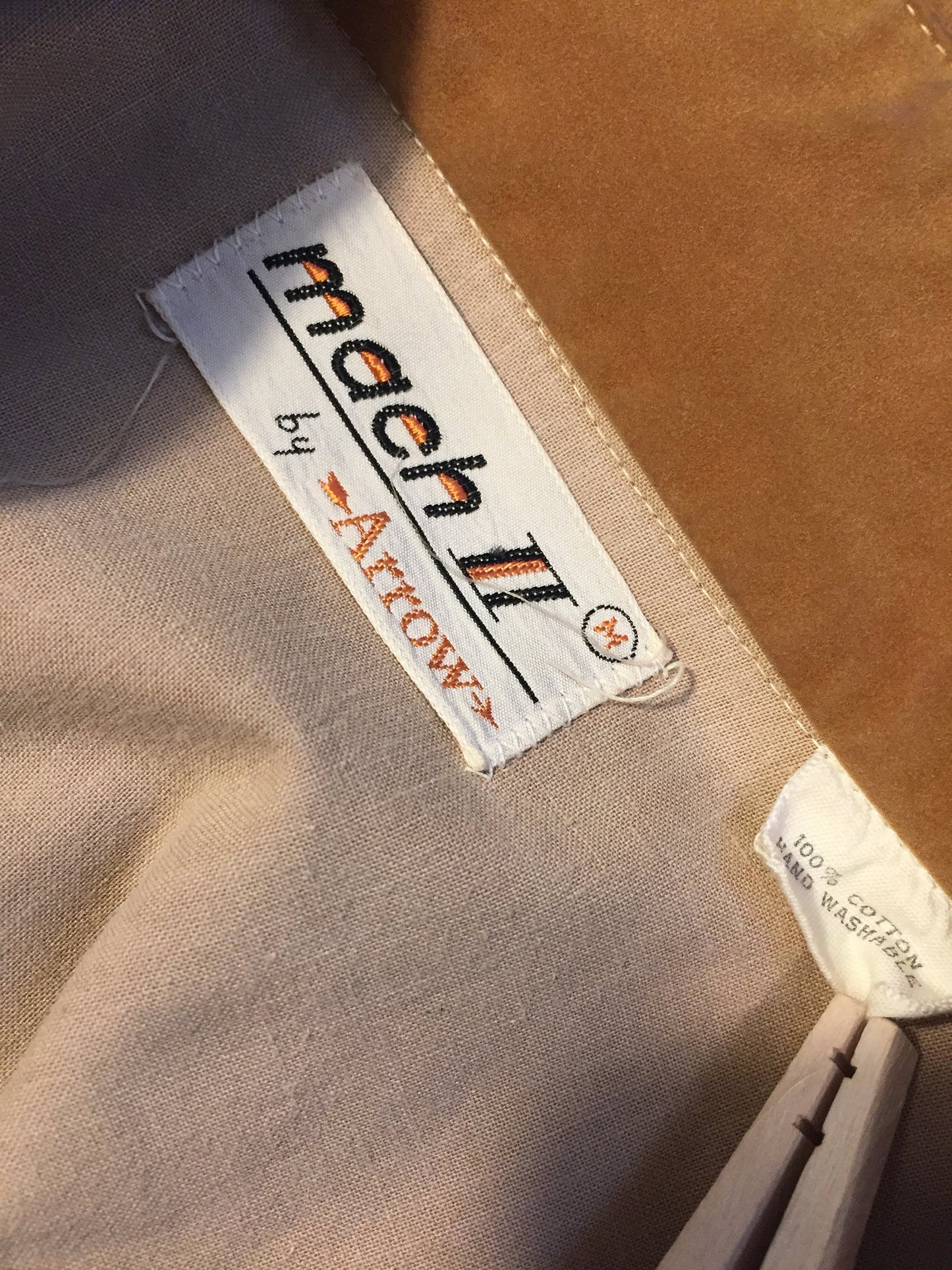 Vintage 70s 15/15.5 Faux Suede Mach II by Arrow Snap Button Medium Shirt // Beige 100 Cotton USA Long Sleeve Collared