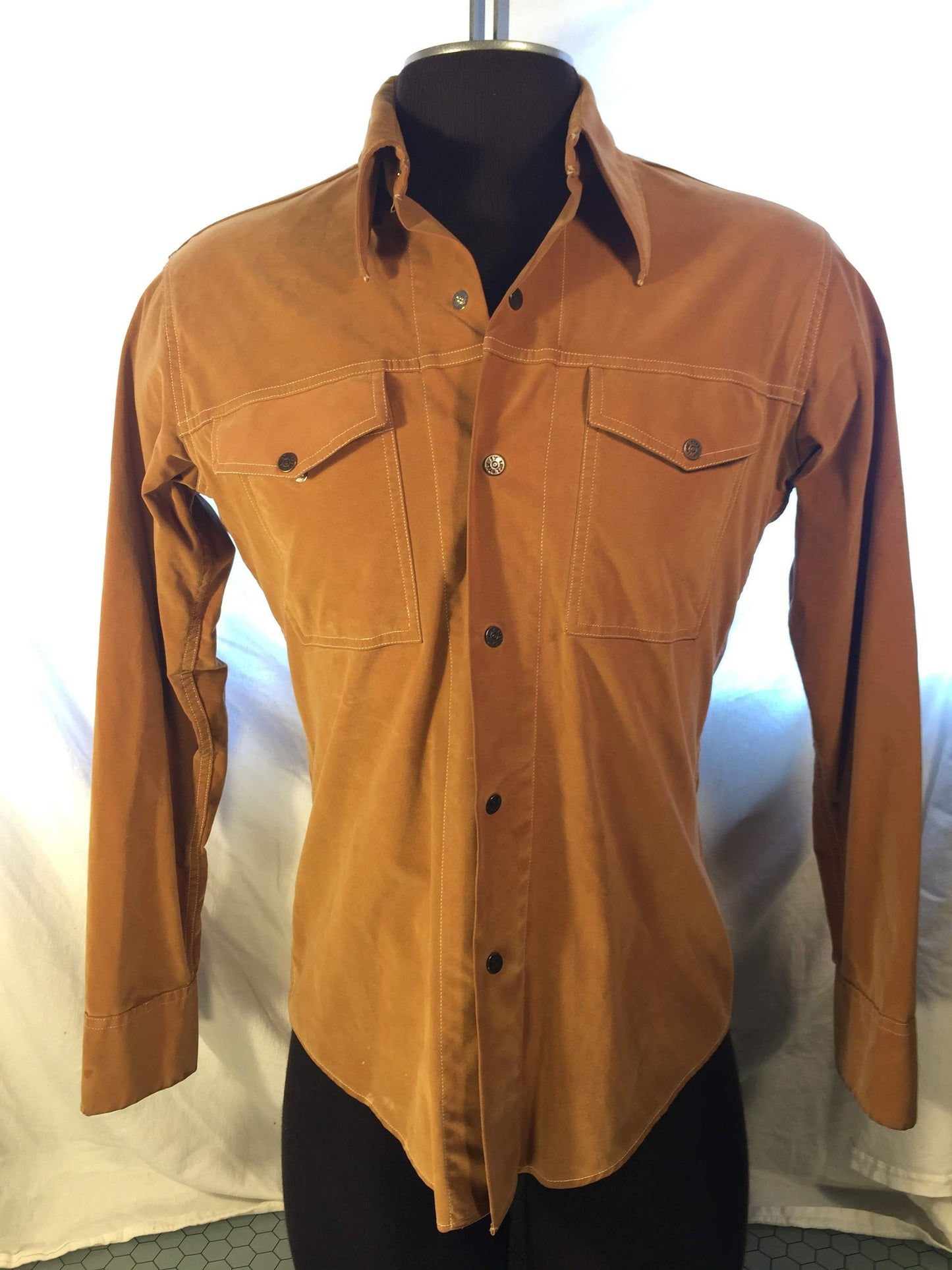 Vintage 70s 15/15.5 Faux Suede Mach II by Arrow Snap Button Medium Shirt // Beige 100 Cotton USA Long Sleeve Collared
