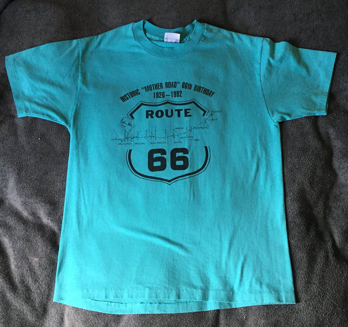 Vintage 80s // Route 66 // Large Hanes 50/50 T-shirt // Single Stitch // Cotton Poly // Made in USA // Teal // Turquoise