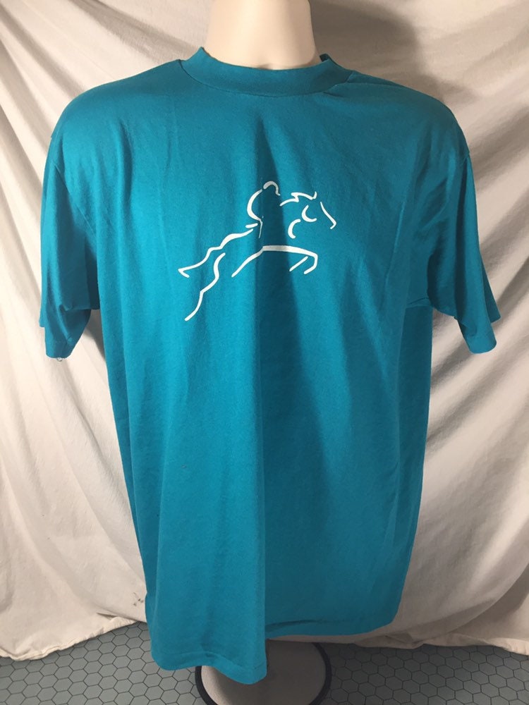 Vintage 80s // Hanes Fifty-Fifty // XL Teal T-shirt // Horseback Riding Jockey Dressage Jumping Equestrian // Horse // Single Stitch // USA