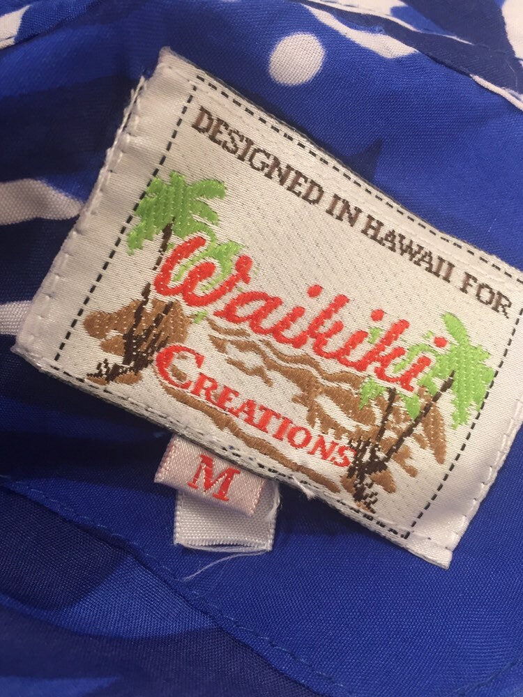 Vintage Waikiki Creations Medium Blue Floral Aloha Shirt // Made in USA // Hawaii // Luau Tiki