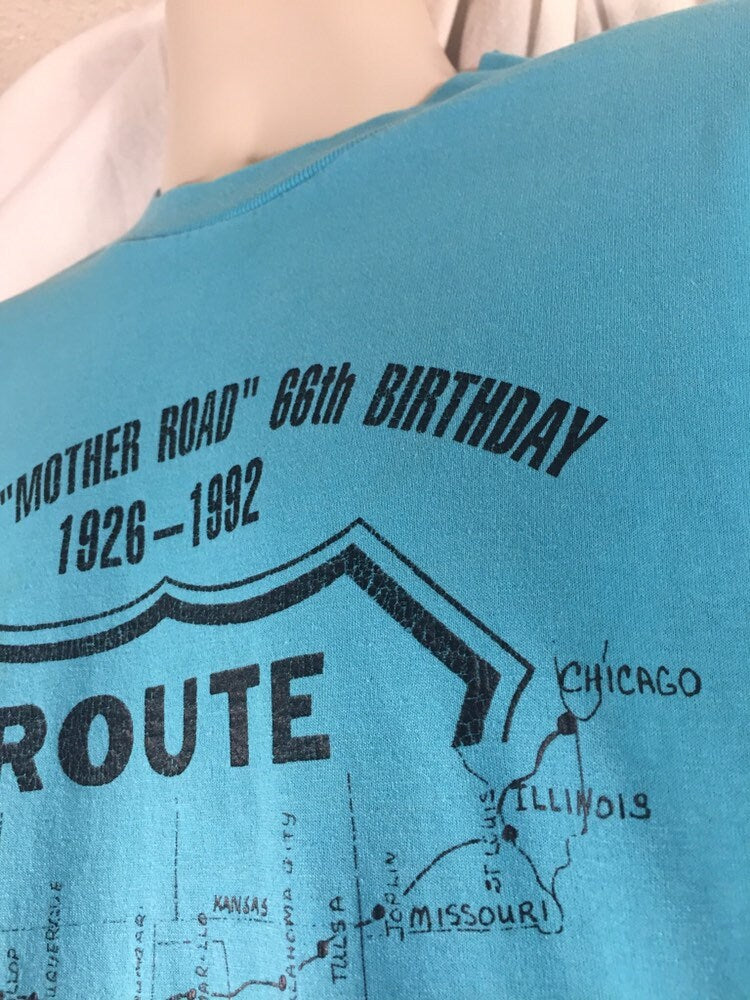 Vintage 80s // Route 66 // Large Hanes 50/50 T-shirt // Single Stitch // Cotton Poly // Made in USA // Teal // Turquoise