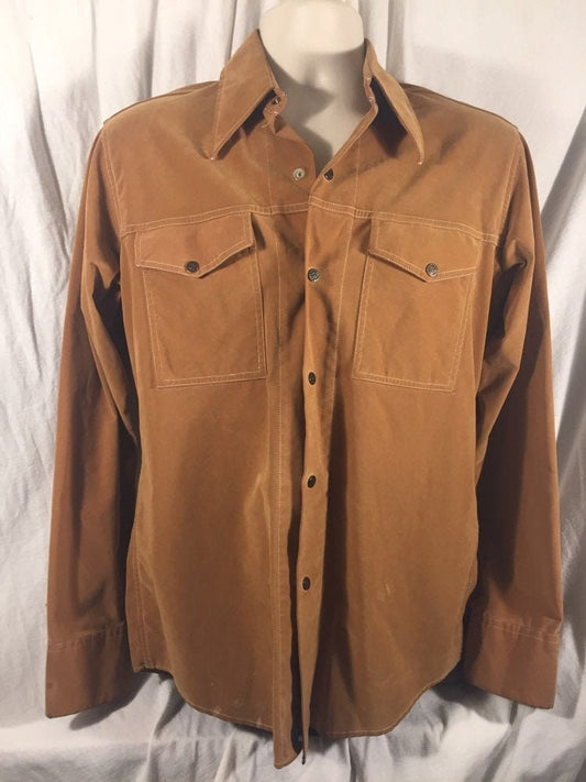 Vintage 70s 15/15.5 Faux Suede Mach II by Arrow Snap Button Medium Shirt // Beige 100 Cotton USA Long Sleeve Collared