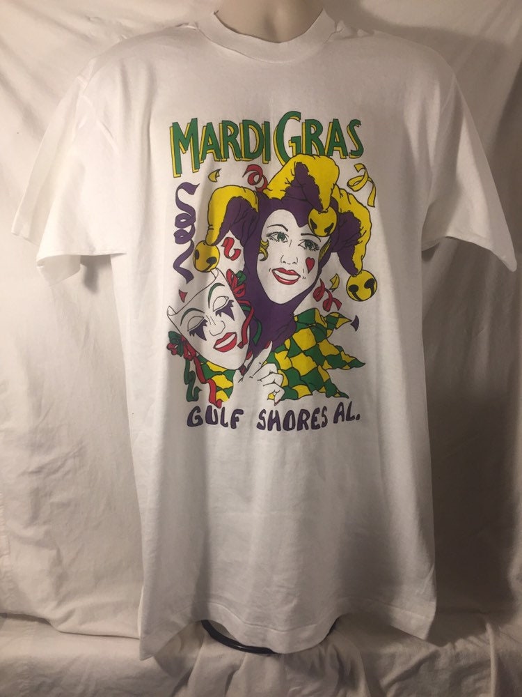 Vintage 90s Mardi Gras Gulf Shores Alabama XL FOTL T-Shirt // White 100 Cotton // Made in USA // Carnival Masopust