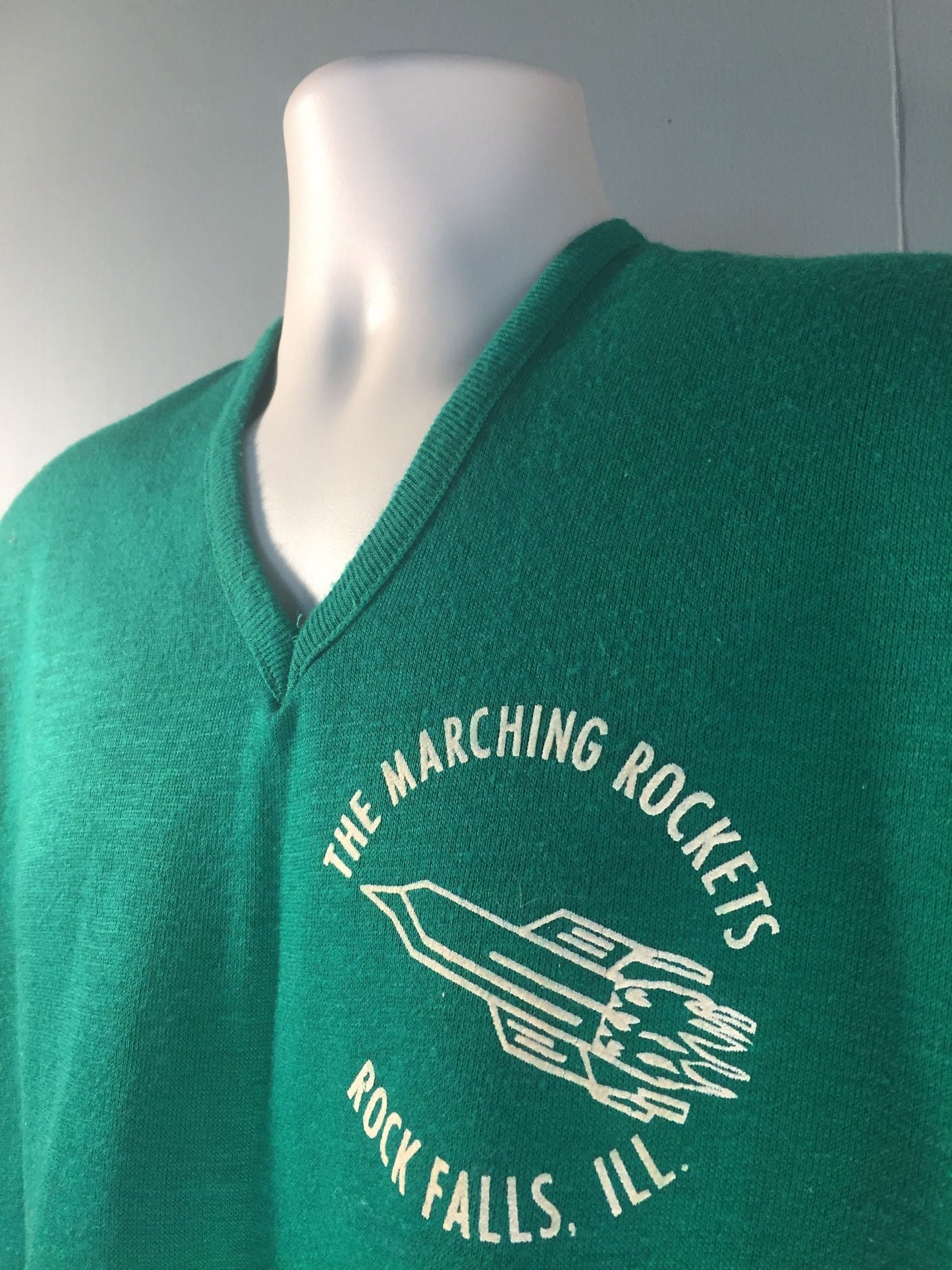 Vintage 60s Green Creslan Sweatshirt // The Marching Rockets // Rock Falls High School Illinois // Short Sleeves // Made in USA // RN 14179