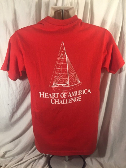 Vintage 80s // Hanes Medium Beefy-T // 100 Cotton // Heart of America Challenge Sailing T-shirt // Single-stitch // Made in USA // Red