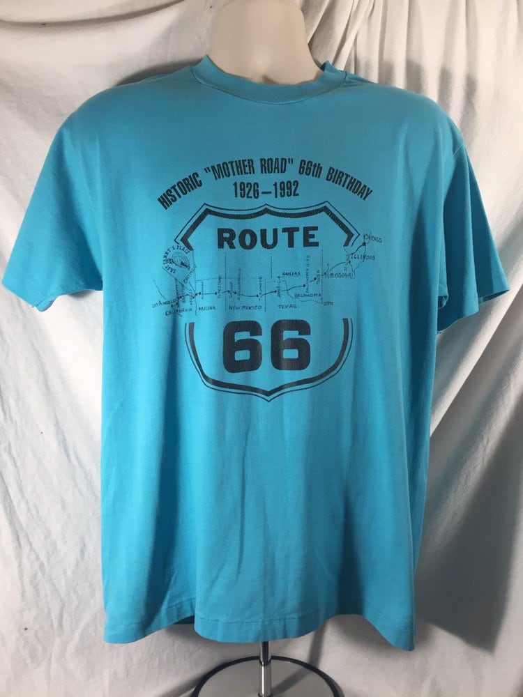 Vintage 80s // Route 66 // Large Hanes 50/50 T-shirt // Single Stitch // Cotton Poly // Made in USA // Teal // Turquoise