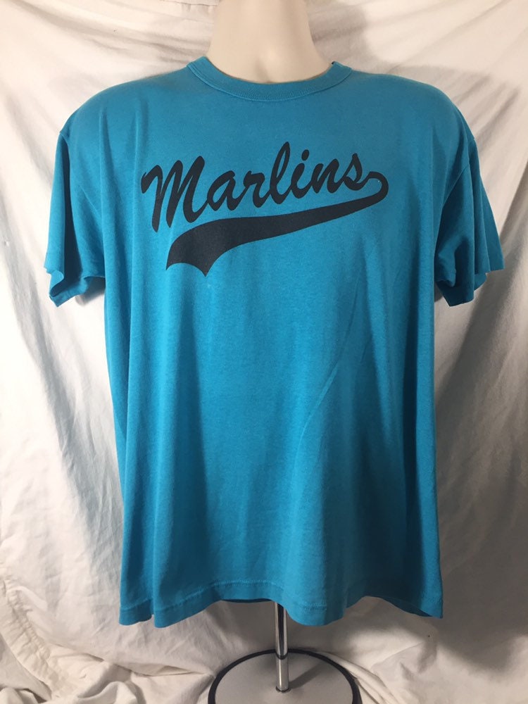 Vintage 80s "Marlins" Russell Athletic Large T-shirt // Single Stitch // 50/50 // Made in USA // Teal Turquiose