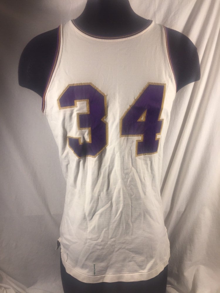 Vintage 60s RAWLINGS Basketball Jersey Medium Durene Nylon #34 American Collegiate High School 1960s White Purple Gold