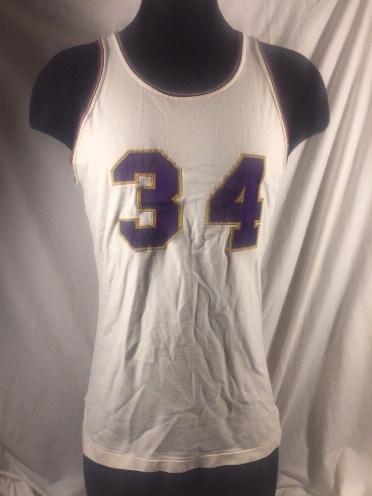 Vintage 60s RAWLINGS Basketball Jersey Medium Durene Nylon #34 American Collegiate High School 1960s White Purple Gold