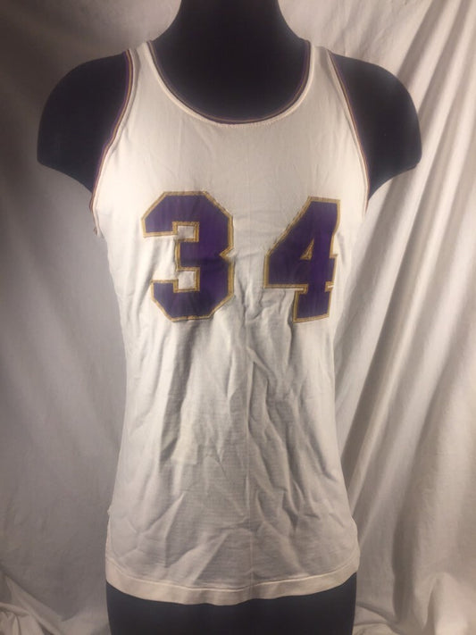 Vintage 60s RAWLINGS Basketball Jersey Medium Durene Nylon #34 American Collegiate High School 1960s White Purple Gold