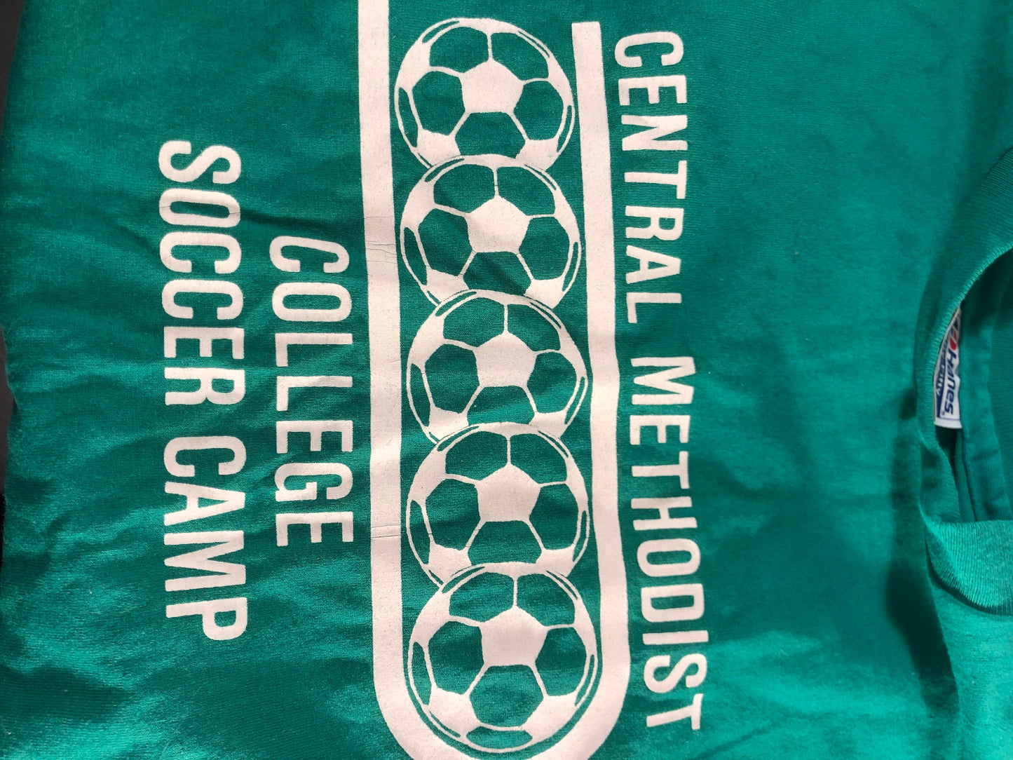 Vintage 80s // Small Green Hanes Fifty-Fifty T-shirt // 50/50 // Central Methodist College Soccer Camp // USA // Single-stitch