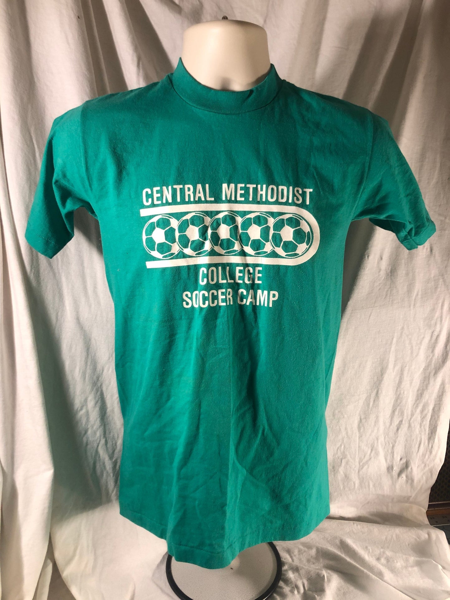Vintage 80s // Small Green Hanes Fifty-Fifty T-shirt // 50/50 // Central Methodist College Soccer Camp // USA // Single-stitch