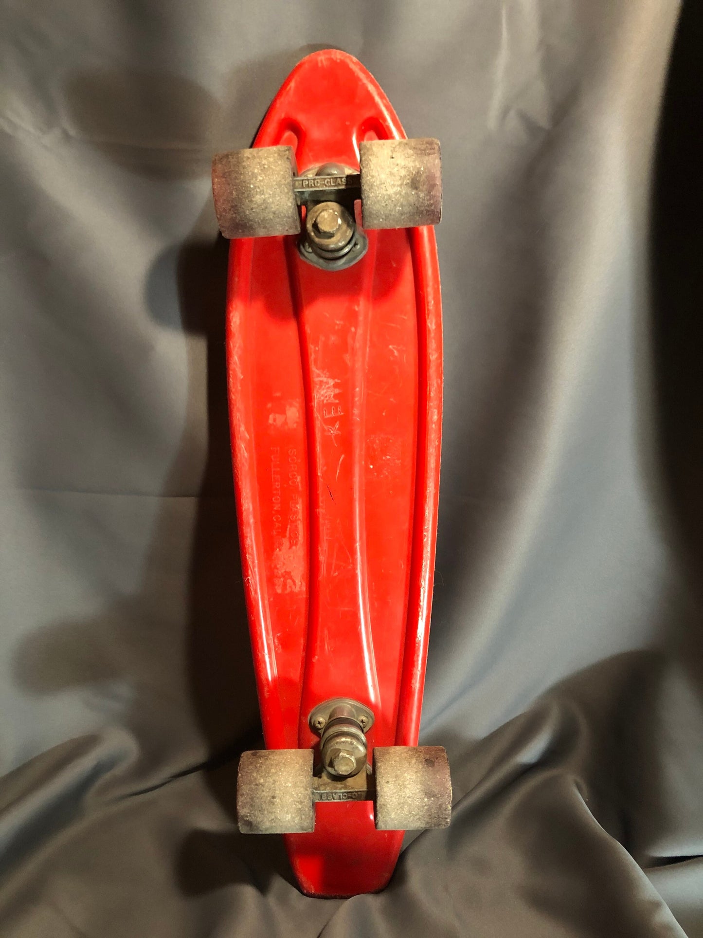Vintage Sorco Plastics Red Skateboard Fullerton California 1 3/4" wheels 23" length USA